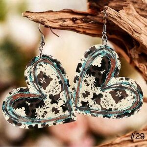 #29 | Cowhide with Turquoise Printed Heart Dangle Earrings